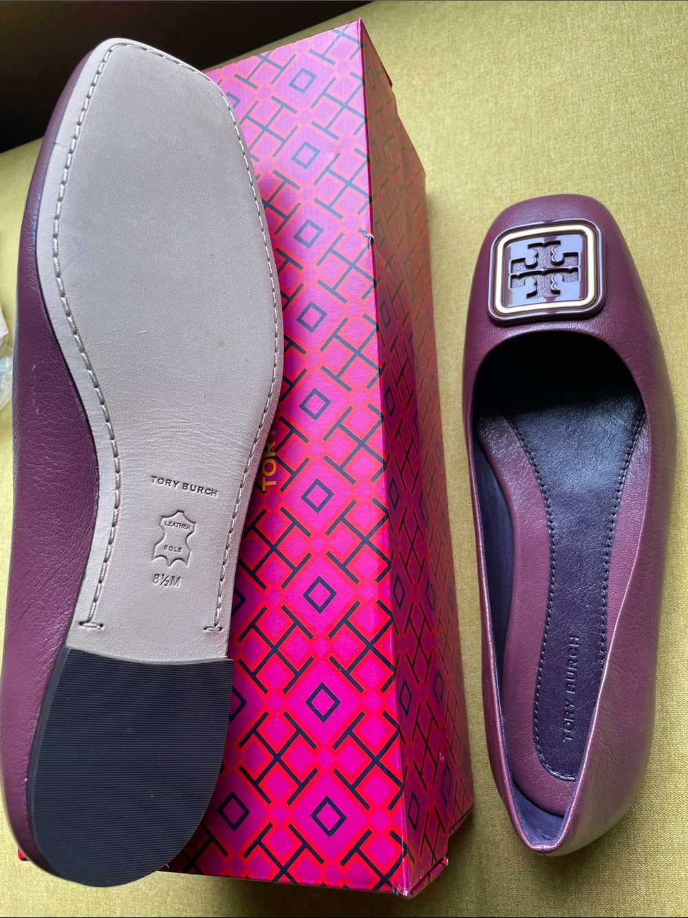Tory Burch Eggplant Purple Leather Logo Square-Toe Ballet Flat